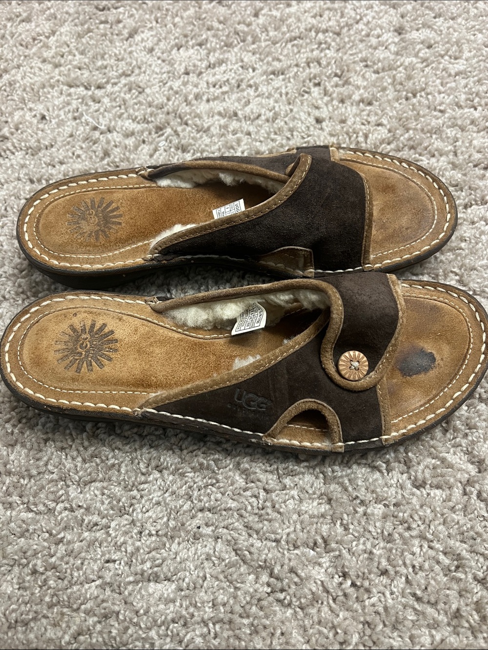 UGG Two-Tone Brown Suede Shearling Slide Mules sz 9